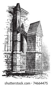 Buttress arch of Lincoln Cathedral chapter, England. Old engraving. Old engraved illustration of a buttres arch of The Cathedral Church of the Blessed Virgin Mary of Lincoln.