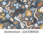 BUTTRTFLY, FROG, CRITTERS, LEECH, SNAIL, FLOWER, LEAVES FLORA AND FAUNA NATURE SEAMLESS PATTERN IN EDITABLE FILE