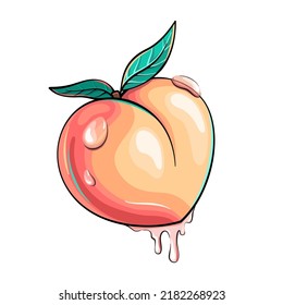 Butt-shaped, heart-shaped juicy peach, fruit with juice drops cartoon style illustration