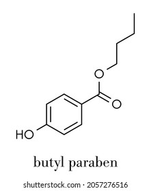 Butyl paraben (butylparaben, butyl 4-hydroxybenzoate) preservative molecule. Skeletal formula.