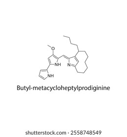 Butyl-metacycloheptylprodiginine skeletal structure diagram.Prodiginine compound molecule scientific illustration.