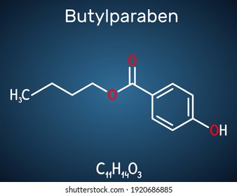 Butylparaben, butyl p-hydroxybenzoate, butyl paraben molecule. It is paraben, antimicrobial preservative in cosmetics. Structural chemical formula on the dark blue background. Vector illustration