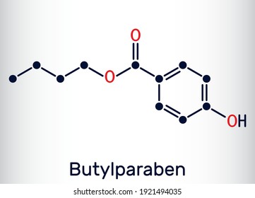 Butylparaben, butyl p-hydroxybenzoate, butyl paraben molecule. It is paraben, antimicrobial preservative in cosmetics. Skeletal chemical formula. Vector illustration