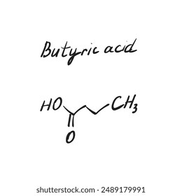 Butyric acid (butanoic acid) molecule formula. Hand drawn imitation of organic acid structural model, Esters and salts are called butyrates chemistry skeletal formula, sketchy vector symbol