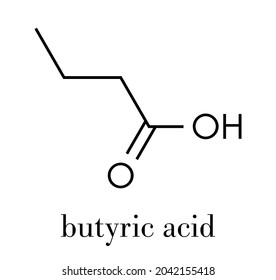 Butyric acid (butanoic acid) short-chain fatty acid molecule. Esters and salts are called butyrates. Skeletal formula.