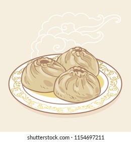 Buuza, traditional dish of people of Baikal region. Vector hand drawn illustration