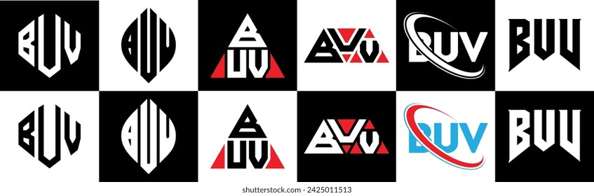 BUV letter logo design in six style. BUV polygon, circle, triangle, hexagon, flat and simple style with black and white color variation letter logo set in one artboard. BUV minimalist and classic logo