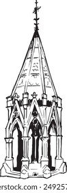 Buxton Memorial Fountain en Inglaterra boceto de tinta. Estructura de arquitectura neogótica ilustración en blanco y negro. Dibujo de Vector monocromo del sitio histórico de Europa. 