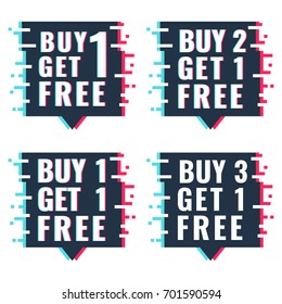 Buy 1, 2, 3 get 1 free. Set of vector icons, logos, symbols illustrations with glitch effect on white background.