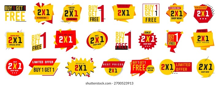 Compre 1 y obtenga 2 colecciones de etiquetas promocionales. Venta, descuento, etiquetas de compras. Etiqueta de la promoción para las compras