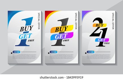 Buy 1 get 1, buy 1 get 2, buy 2 get 1, special sale promotion roll banner template design. Vector illustration