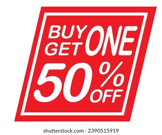 Buy 1 get 1 50% off red label sign. Buy 1 get 1 50% off red banner. Vector Illustration.