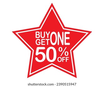 Buy 1 get 1 50% off red label sign. Buy 1 get 1 50% off red banner. Vector Illustration.