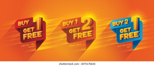 Buy 1 get 1 free, Buy 1 get 2 free, Buy 2 get 1 free tag and discount label sign, Abstract Red Speech Bubble offer Sale Discount labels design, Discount tags collection, sale promotion. Price off tag