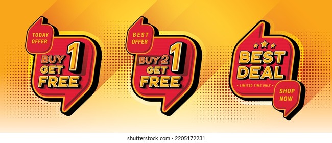 Buy 1 Get 1 Free, Buy 2 Get 1 Free, Best Sale Tag And Discount Label Sign, Abstract Red Speech Bubble Offer Sale Discount Labels Set Design, Discount Tags Collection, Sale Promotion. Price Off Tag