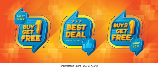Buy 1 get 1 free, Best Deal, Buy 2 get 1 free tag and discount label sign, Abstract Blue Speech Bubble offer Sale Discount labels set design, Discount tags collection, sale promotion. Price off tag