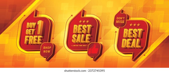 Kaufen Sie 1 Gratis, Best Sale, Best Deal Tag und Rabatt Label Zeichen, Abstrakte Red Speech Bubble bieten Verkauf Rabatt Labels Design. Zusammengefasste Schriftarten, Rabattmarkensammlung, Preis-off-Tag-Promotion.