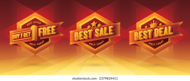 Buy 1 get 1 free, Best Sale, Best Deal tag and discount label sign, Abstract Red Hexagon offer Sale Discount labels design. Condensed Font, Discount tags collection, Price off tag promotion.