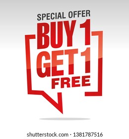 Buy 1 get 1 free in brackets speech red white isolated sticker icon