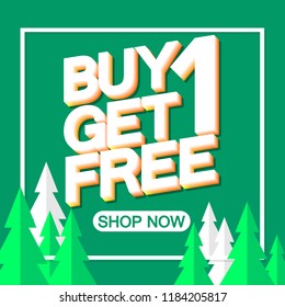 Buy 1 Get 1 Free, Christmas Sale, poster design template, vector illustration