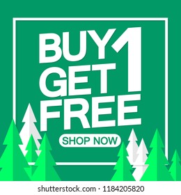 Buy 1 Get 1 Free, Christmas Sale, poster design template, vector illustration