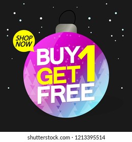 Buy 1 Get 1 Free, Christmas sale banner design template, Xmas discount tag, vector illustration