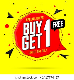 Buy 1 Get 1 Free, discount tag design template, sale speech bubble banner, special offer, app icon, vector illustration