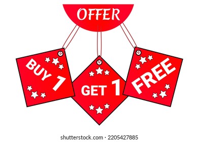 Buy 1 Get 1 Free discount tag. Red isolated vector illustration eps 10 file. Hanging form top. Set of three.