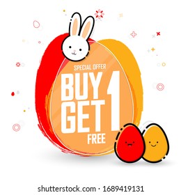 Buy 1 Get 1 Free, Easter Sale banner design template, discount tag, bogo, app icon, special offer, vector illustration