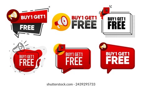 Buy 1 Get 1 Free. Megaphone label collection with text. Marketing and promotion. Vector Illustration.