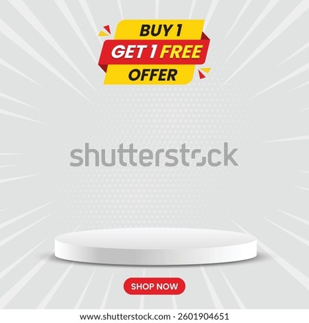 Buy 1 get 1 free offer social media template with podium, Discount offers banner, Modern concept design template, offer banner with gray abstract background, Vector illustration. Promotional banner.