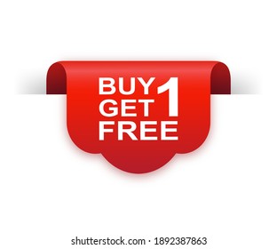 Buy 1 get 1 free red ribbon isolated on white background. Red label, banner for any purposes. Vector illustration.