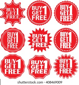 Buy 1 get 1 free red label. Buy 1 get 1 free red sign. Buy 1 get 1 free red banner. Vector illustration