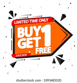 Buy 1 Get 1 Free, sale tag, banner design template, discount app icon, vector illustration