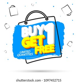 Buy 1 Get 1 Free, sale tag, banner design template, discount app icon, vector illustration