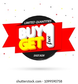 Buy 1 Get 1 Free, sale tag, banner design template, discount app icon, vector illustration