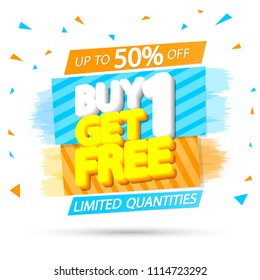 Buy 1 Get 1 Free, sale tag, discount banner design template, up to 50% off, app icon, vector illustration