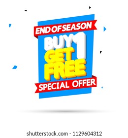 Buy 1 Get 1 Free, sale tag, discount banner design template, app icon, special offer, vector illustration