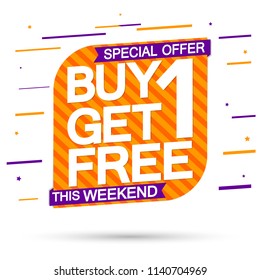 Buy 1 Get 1 Free, Sale banner, discount tag design template, special offer, app icon, vector illustration