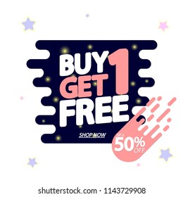 Buy 1 Get 1 Free, Sale banner design template, app icon, discount tag, up to 50% off, vector illustration 