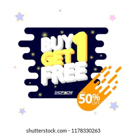 Buy 1 Get 1 Free, Sale banner design template, app icon, discount tag, 50% off, vector illustration 