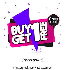 Buy 1 Get 1 Free, sale banner design template, discount tag, app icon, vector illustration