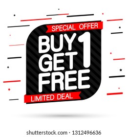 Buy 1 Get 1 Free, Sale banner design template, discount tag, special offer, limited deal, app icon, vector illustration