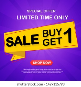 Buy 1 Get 1 Free, sale tag, banner design template, discount app icon