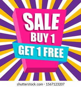 Buy 1 Get 1 Free Sale Banner Design Template. Discount Tag Vector