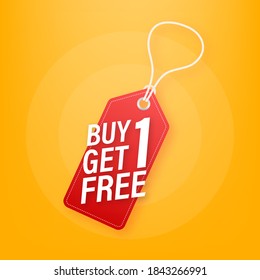 Buy 1 Get 1 Free, sale tag, banner design template. Vector stock illustration.