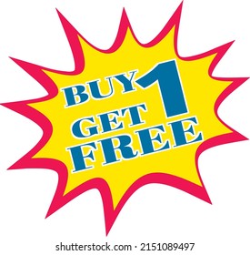 Buy 1 Get 1 Free, sale tag, sticker design template, discount app icon, vector illustration