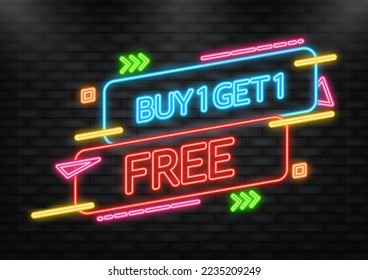Buy 1 Get 1 Free, sale tag, banner design template, app icon. Neon style. Vector illustration