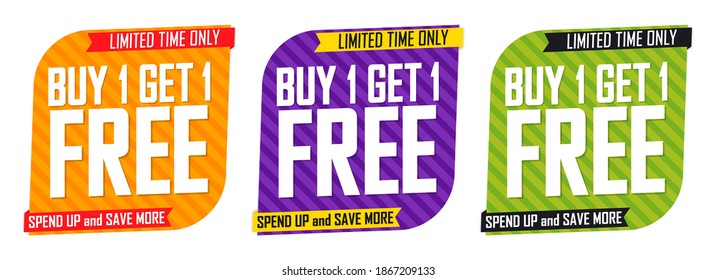 Buy 1 Get 1 Free, Set Sale banners design template, discount tags collection, great offer, vector illustration