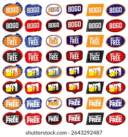 Buy 1 Get 1 Free. Set BOGO banners design template, sale tags collection, vector illustration